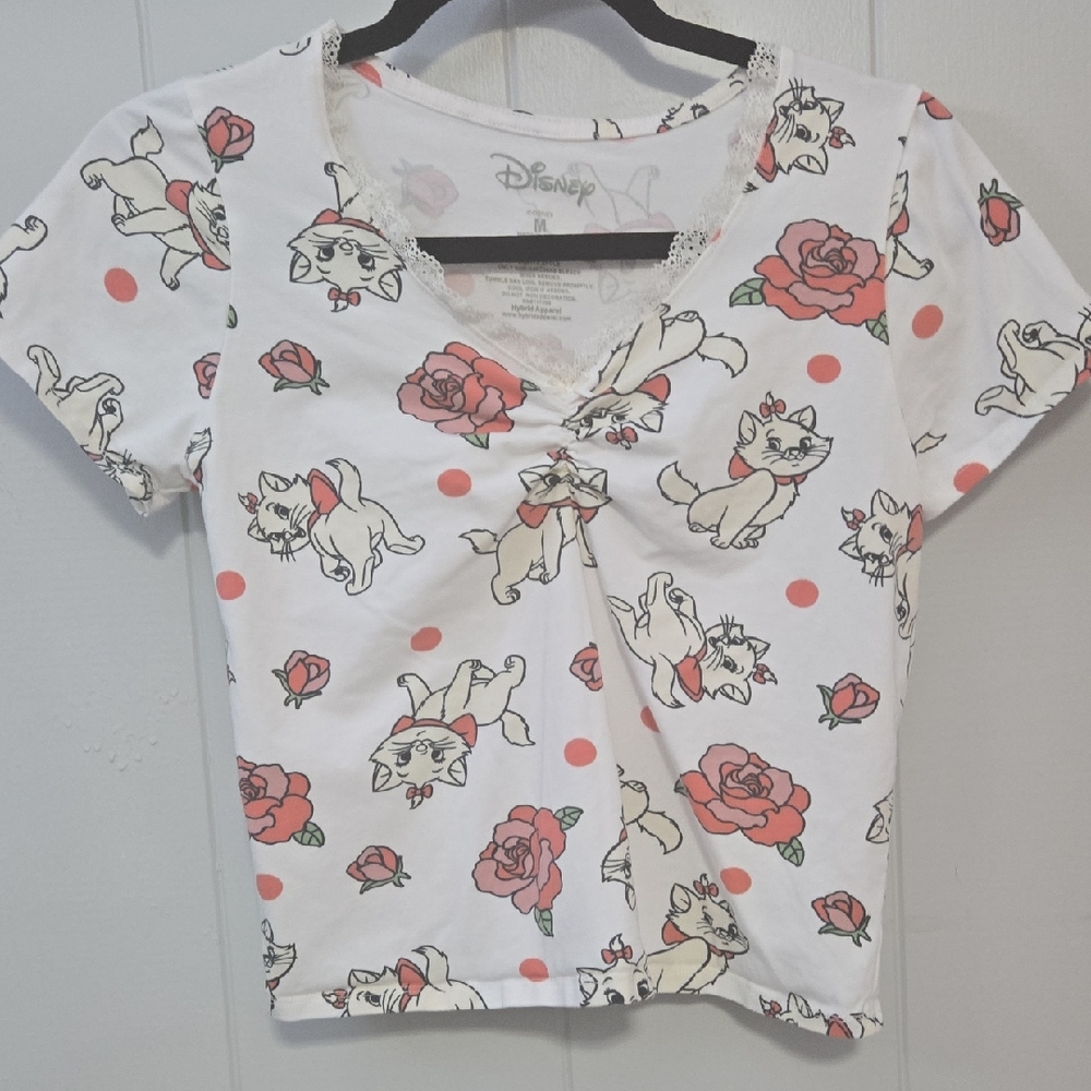 Disney ARISTOCAT White and Pink Rose CROPPED Tee
